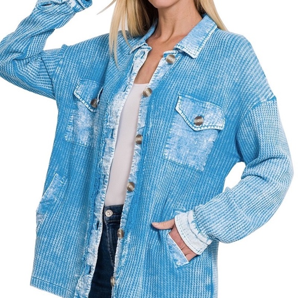 Zenana Mixed Media Acid Wash Burnt Blue Cotton Shacket Textured Button Up New - Picture 4 of 5
